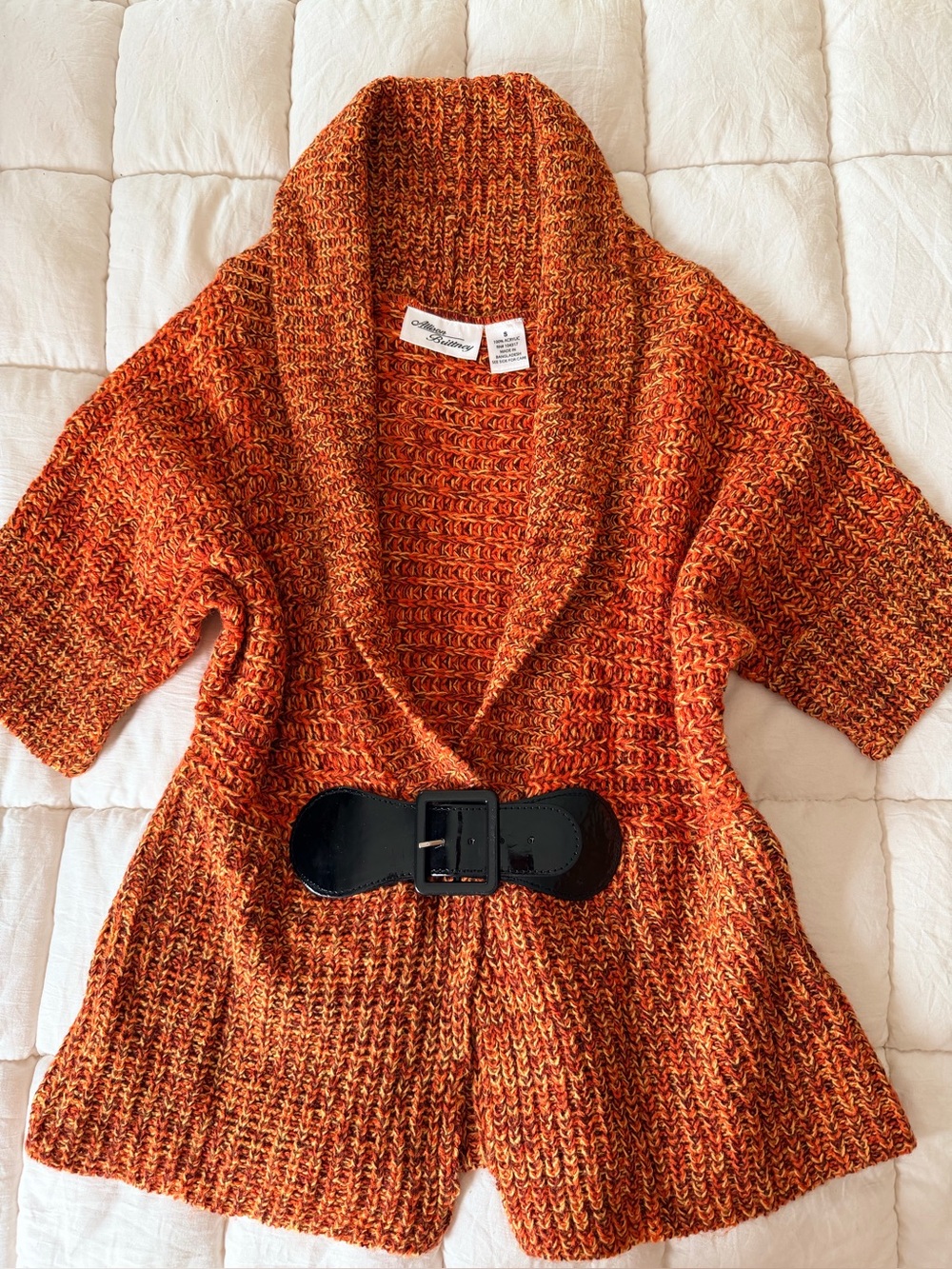 Cozy Orange Marled Knit Shawl-Collar Sweater with Belt